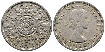 Великобритания 2 шиллинга (флорин) 1955 Елизавета II (1952-2022) KM 906, Spink 4146 медно-никель 59-1526