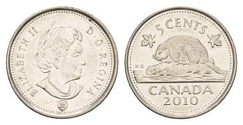 Канада 5 центов 2010 Leaf, Елизавета II (1952-2022), бобр KM 491 сталь плакированная никелем UNC 4630-766