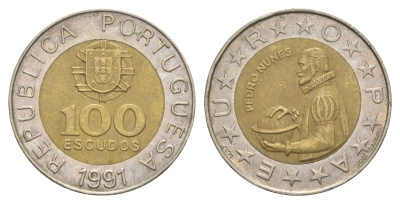 Португалия 100 эскудо 1991 Педру Нуниш (1502-1578), математик KM 645 биметалл 4388-1216