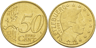 ЛЮКСЕМБУРГ 50 ЕВРОЦЕНТОВ 2009 ВЕЛИКИЙ ГЕРЦОГ АНРИ KM 91 латунь 4543-154