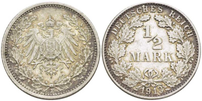 Германия 1/2 марки 1913 F J. 16, KM 17 серебро 175-146