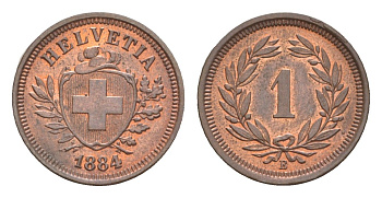 Швейцария 1 раппен 1884 B KM 3 бронза 1529-533