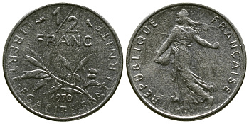 ФРАНЦИЯ 1/2 ФРАНКА 1970 KM 931.1 никель 4381-631