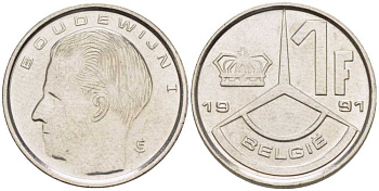 БЕЛЬГИЯ 1 ФРАНК 1991 BELGIE, БОДУЭН I (1951-1993) KM 171 железо плакированное никелем 206-228