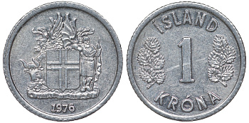 Исландия 1 крона 1976 KM 23 алюминий 4124-461