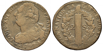 ФРАНЦИЯ 2 СОЛЯ 1792 А, МОНДВОР ПАРИЖ, ЛЮДОВИК XVI (1774-1793) KM 603.1 (С 89.1) бронза 1524-1345