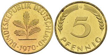 ФРГ 5 пфеннигов 1970 G KM 107, J. 382 сталь плакированная латунью PROOF 1094-7-33