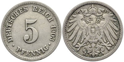 ГЕРМАНИЯ 5 ПФЕННИГОВ 1903 F KM 11, Jager 12, Weege 6 медно-никель 4547-433