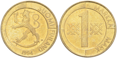 ФИНЛЯНДИЯ 1 МАРКА 1994 M KM 76 алюминиевая бронза 4556-527
