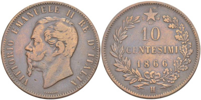 ИТАЛИЯ 10 ЧЕНТЕЗИМО 1866 H, МОНДВОР БИРМИНГЕМ, ВИКТОР ЭММАНУИЛ II (1861-1878) KM 11.3 медь 4526-815