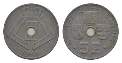 Бельгия 5 сантимов 1941 Belgique - Belgie, Леопольд III (1934-1947), германская оккупация, Вторая мировая война KM 123 цинк 4640-1135