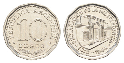 Аргентина 10 песо 1966 150 лет Декларации о Независимости KM 62 сталь плакированная никелем UNC 4662-725