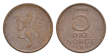 Норвегия 5 эре 1981 Улаф V (1957-1991) KM 415 бронза 4632-1267