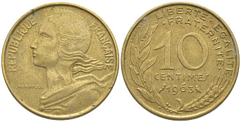 ФРАНЦИЯ 10 САНТИМОВ 1963 ТИП MARIANE KM 929, LE FRANC 144.3 алюминиевая бронза 116-416