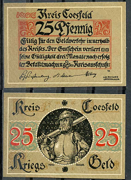 Германия, Косфельд 25 пфеннигов 1918 нотгельд, без номера Tieste 1185.05.01 бумага UNC (пресс) 444-78-3-1
