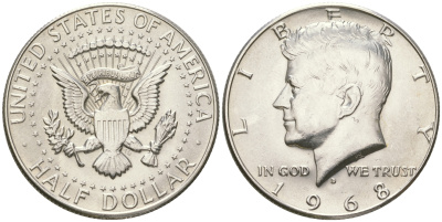 США 1/2 доллара (50 центов) 1968 D, Джон Кеннеди KM 202a серебро  UNC  4178-1012