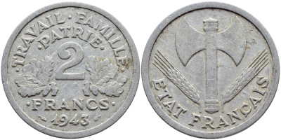 Франция 2 франка 1943 правительство Виши KM 904.1 алюминий 4397-724