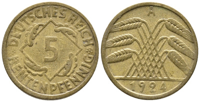 ГЕРМАНИЯ 5 РЕНТЕНПФЕННИГОВ 1924 A KM 32, J. 308 алюминиевая бронза 39-445