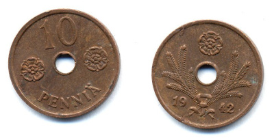 ФИНЛЯНДИЯ 10 ПЕННИ 1942 KM 33.1 медь 51-4959