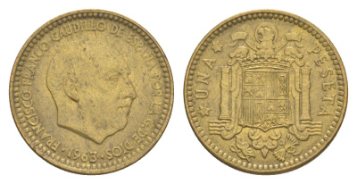 Испания 1 песета 1963 (63) Франсиско Франко (1939-1975) KM 775 алюминиевая бронза aUNC 4618-1255