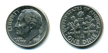 США 10 ЦЕНТОВ = 1 ДАЙМ 1989 P, РУЗВЕЛЬТ KM 195а медь плакированная медно-никелем 46-2513