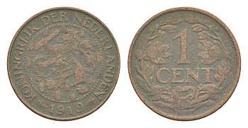 Нидерланды 1 цент 1919 Вильгельмина (1890-1948) KM 152 бронза 75-552