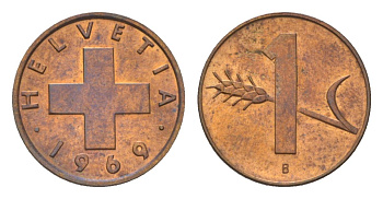 Швейцария 1 раппен 1969 B KM 46 бронза aUNC 4628-932