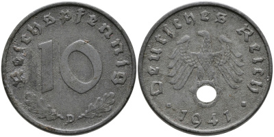 ГЕРМАНИЯ 10 РЕЙХСПФЕННИГОВ 1941 D KM 101, J.371 цинк 95-752