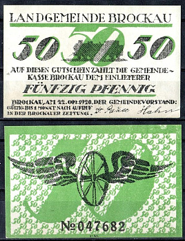 Брокау (Пруссия, Нижняя Силезия) 50 пфеннигов 1920 Mehl Grabowski 189a.1-3/3 бумага UNC (пресс) 7555-52-1-2