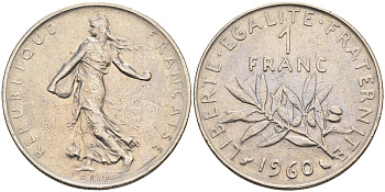 Франция 1 франк 1960 сеятель KM 925.1, LE FRANC 226.4 никель    4177-213