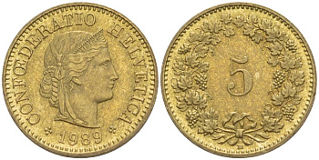 ШВЕЙЦАРИЯ 5 РАППЕНОВ 1989 В KM 26c алюминий латунь 4532-862