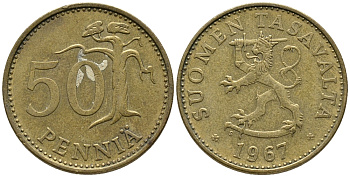 ФИНЛЯНДИЯ 50 ПЕННИ 1967 KM 48 алюминиевая бронза 34-1045