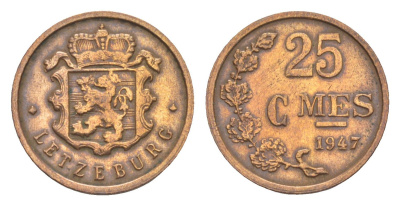 Люксембург 25 сантимов 1947 Шарлотта (1918-1964) KM 45 бронза 4115-435