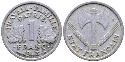 ФРАНЦИЯ 1 ФРАНК 1943 LB, ТИП LEGERE, ПРАВИТЕЛЬСТВО ВИШИ KM 902.1, LE FRANC 223.3 алюминий 51-4131