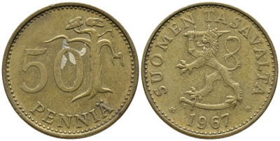ФИНЛЯНДИЯ 50 ПЕННИ 1967 KM 48 алюминиевая бронза 34-1045