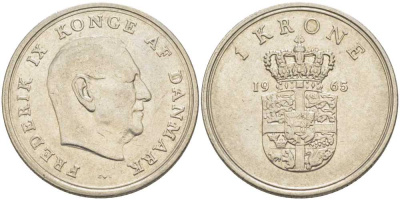 ДАНИЯ 1 КРОНА 1965 C; S, ФРЕДЕРИК IX (1947-1972) KM 851.1 медно-никель 95-224