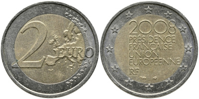 Франция 2 евро 2008 председательство в ЕС KM 1459 биметалл 34-716