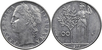 Италия 100 лир 1977 R, Афина в доспехах KM 96.1 нержавеющая сталь 4165-222