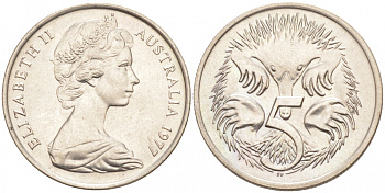 АВСТРАЛИЯ 5 ЦЕНТОВ 1977 ЕЛИЗАВЕТА II, МОЛОДОЙ ПОРТРЕТ, ЕХИДНА KM 64 медно-никель UNC 44-927