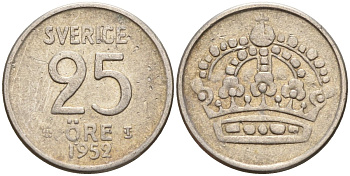 Швеция 25 эре 1952 TS, Густав VI Адольф (1950-1973) KM 824 серебро 4147-1024