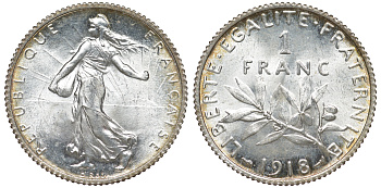 Франция 1 франк 1918 сеятель KM 844.1, Le Franc 217.24 серебро UNC 259-651