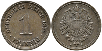 ГЕРМАНИЯ 1 ПФЕННИГ 1875 J, СТАРОГЕРБОВКА KM 1, J. 1 медь 4387-269