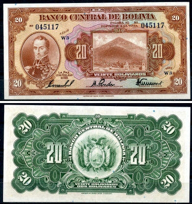 Боливия 20 боливиано 1928 Симон Боливар, Потоси, серия W3 Pick 122 a (9)  бумага  aUNC 444-62-3-1