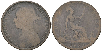 Великобритания 1 пенни 1893 Виктория (1837-1901) KM 755, Spink 3954 бронза 221-1213