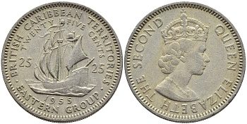 Британские Восточно-Карибские территории 25 центов 1955 Елизавета II (1952-2022), парусник KM 6 медно-никель 4175-151