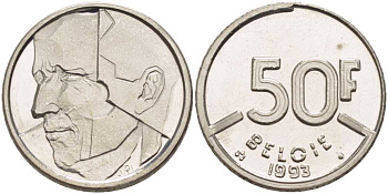 БЕЛЬГИЯ 50 ФРАНКОВ 1993 BELGIE, БОДУЭН I (1951-1993) KM 169 никель 4395-1013