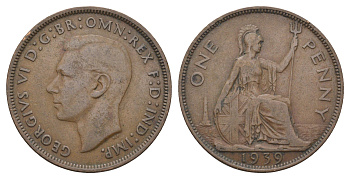 Великобритания 1 пенни 1939 Георг VI (1936-1952) KM 845, Spink 4114 бронза 4661-815