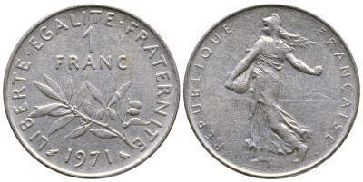ФРАНЦИЯ 1 ФРАНК 1971 СЕЯТЕЛЬ KM 925.1 никель 59-526