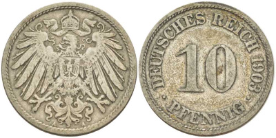 Германия 10 пфеннигов 1903 A KM 12, J. 13, Weege 8 медно-никель 259-836