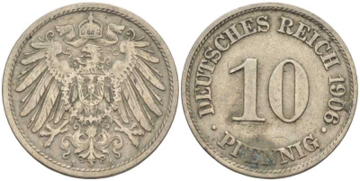 ГЕРМАНИЯ 10 ПФЕННИГОВ 1906 A KM 12, J. 13 медно-никель 34-856